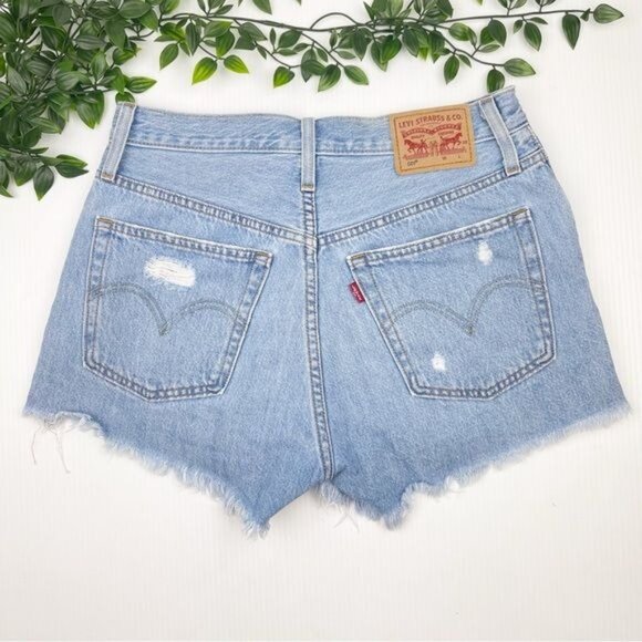 LEVI'S 501 High Rise Denim Shorts distressedSansome Stranger frayed hem 25 - Picture 7 of 11